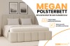 Modernes Polsterbett Megan in Beige mit integriertem Bettkasten für stilvollen Schlafkomfort.