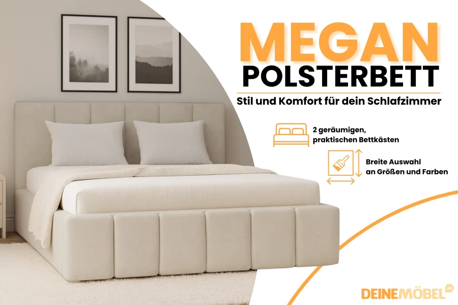Modernes Polsterbett Megan in Beige mit integriertem Bettkasten für stilvollen Schlafkomfort.