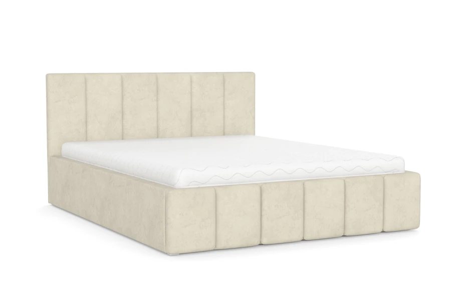 Beiges gepolstertes Bett Megan mit gestepptem Kopfteil, freigestellt auf weißem Hintergrund.