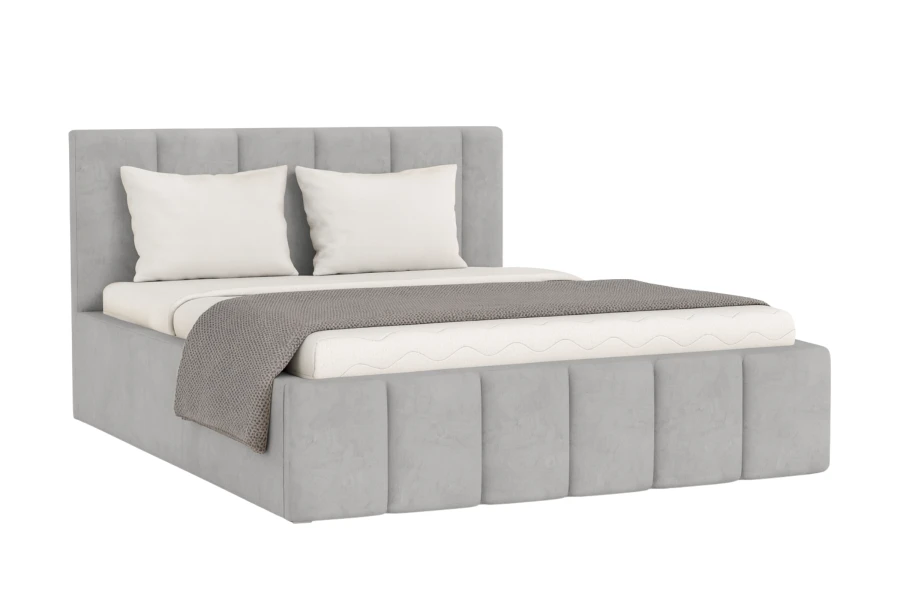 Graues Megan Polsterbett mit Kissen und Decke, elegantes Design für ein gemütliches Schlafzimmer.