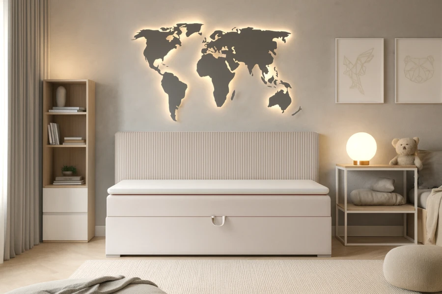 Modernes Kinderzimmer mit beigem Bett, beleuchteter Weltkarte an der Wand und hellem Holzregal.