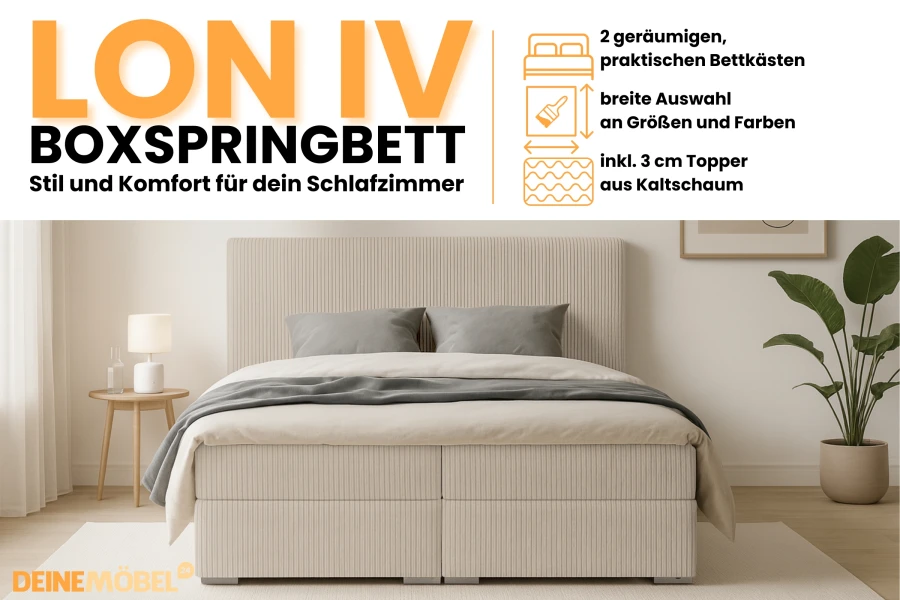 Boxspringbett LON IV in Beige mit geripptem Kopfteil und Bettkasten für das Schlafzimmer.