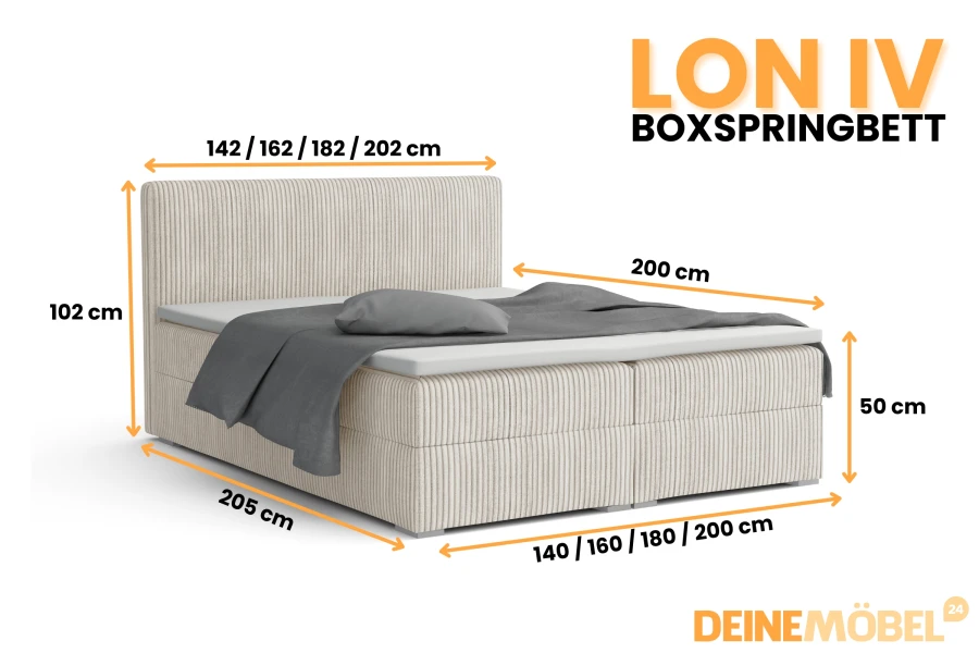 Boxspringbett LON IV mit Maßen: Höhe 102cm, Tiefe 205cm und variabler Breite in Cord Beige.
