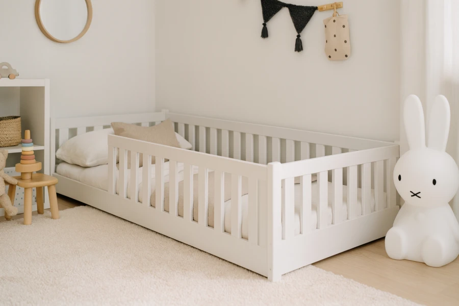 Weißes Kinderbett mit Rausfallschutz im skandinavisch eingerichteten Kinderzimmer.