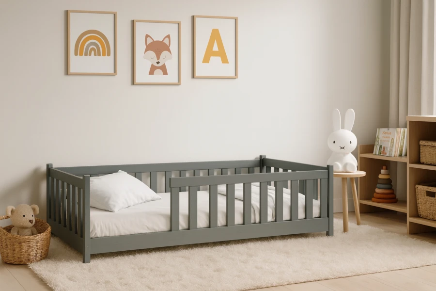 Modernes Kinderzimmer mit grauem Holzbett, flauschigem Teppich und kinderfreundlicher Wanddeko