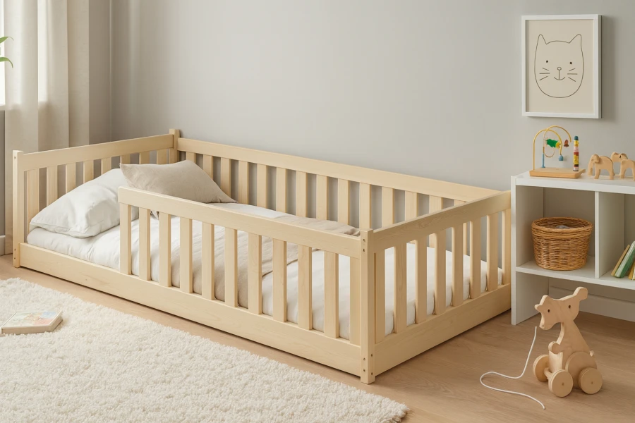 Niedriges Kinderbett aus Kiefernholz mit Rausfallschutz in gemütlichem Kinderzimmer.