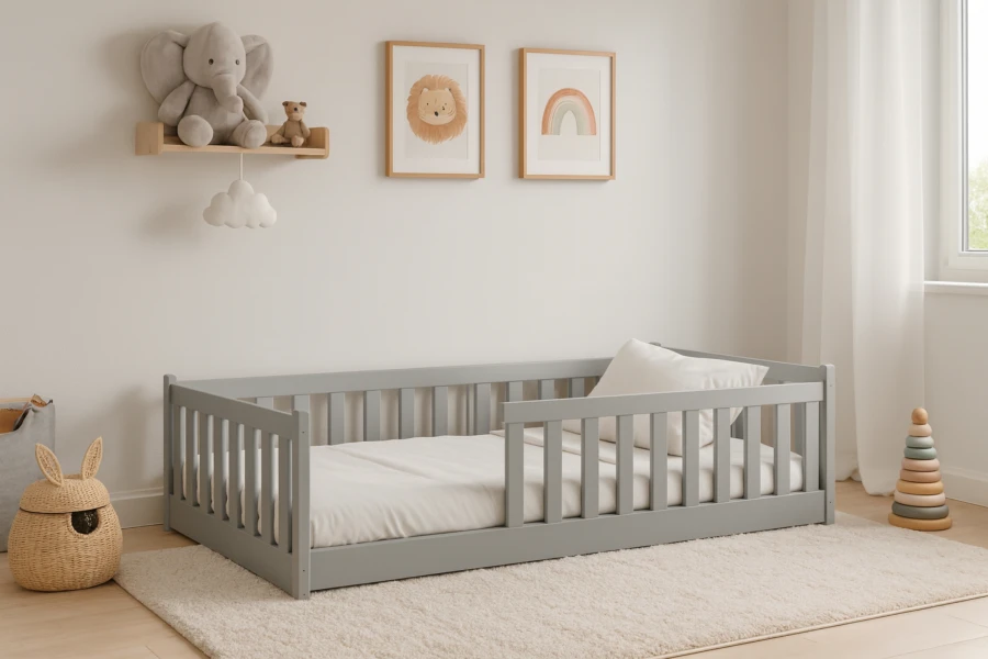 Graues Kinderbett aus Massivholz mit Rausfallschutz in skandinavischem Kinderzimmer Design.
