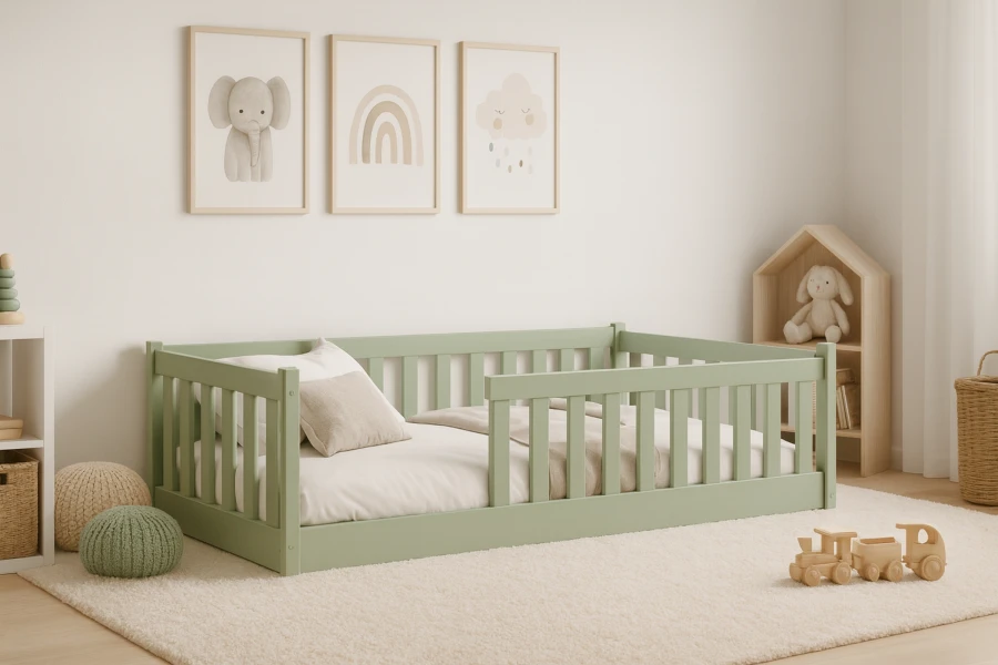 Salbeigrünes Kinderbett mit Rausfallschutz in einem hellen, modern dekorierten Kinderzimmer.