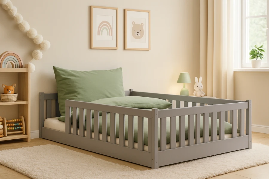 Gemütliches Kinderzimmer-Setup mit grauem Bodenbett, grünem Kissen und Dekoration.