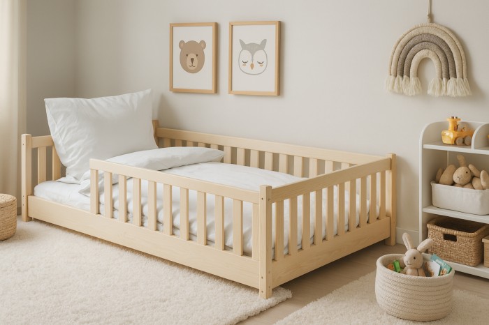 Eingerichtetes Kinderzimmer mit Holzbett, Teppich, Kuscheltieren und Wandbildern.
