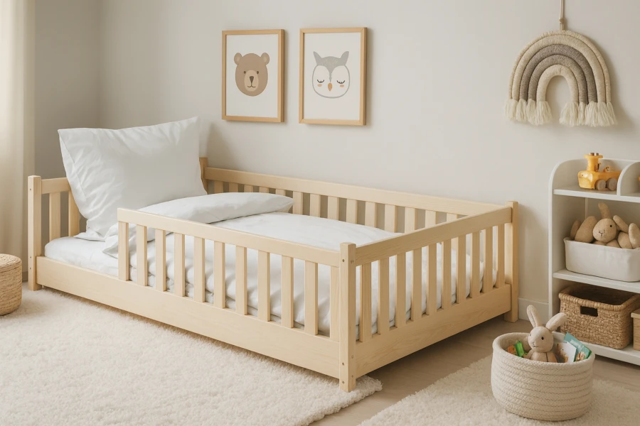 Gemütliches Kinderzimmer mit Massivholz-Kinderbett, hellem Teppich und dekorativer Wandgestaltung.