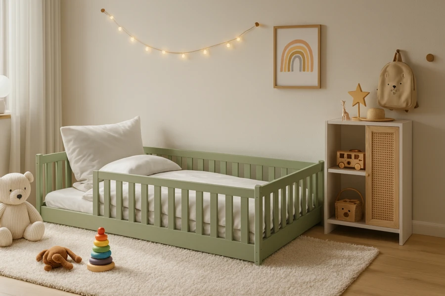 Eingerichtetes Kinderzimmer mit grünem Holzbett, Teppich und Spielzeug