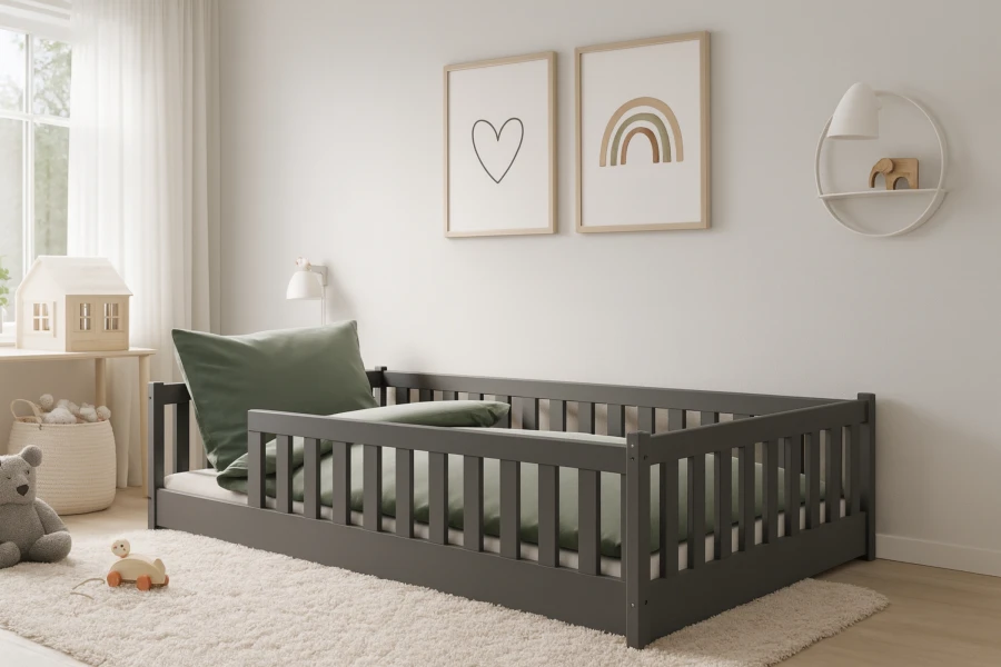 Graues Montessori-Bett in hell eingerichtetem Kinderzimmer mit Wanddeko, Teppich und Spielzeug.