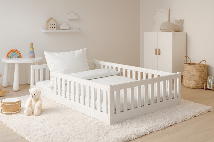 Modernes weißes Bodenbett für Kinder in gemütlicher Kinderzimmer-Umgebung mit Kuscheltieren.