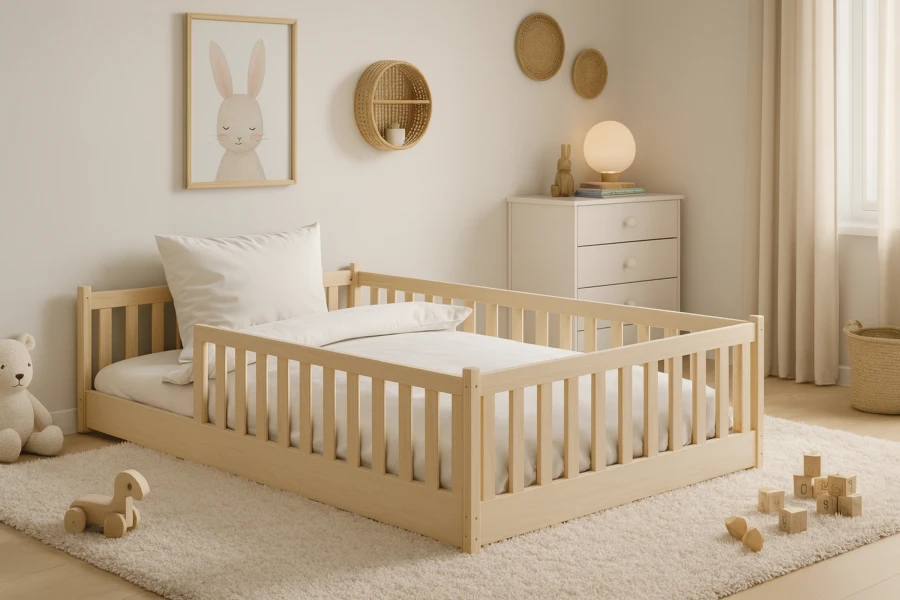 Skandinavisches Kinderzimmer mit bodentiefem Holzbett, hellem Teppich und Hasen-Wandbild.