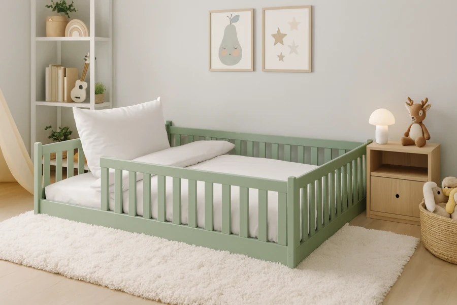 Eingerichtetes Kinderzimmer mit salbeigrünem Bodenbett und Teppich.