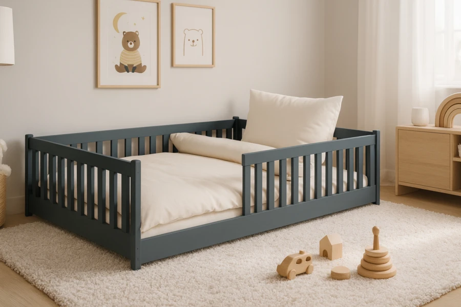Modernes Kinderbett in Grau im skandinavisch eingerichteten Kinderzimmer mit Teppich und Holzspielzeug.