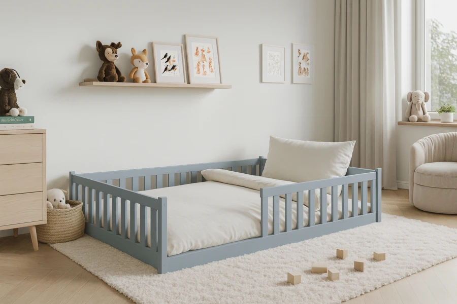Modernes Kinderzimmer mit grauem Bodenbett, flauschigem Teppich und kinderfreundlicher Dekoration.