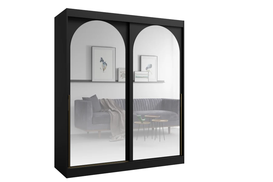 Schwarzer Kleiderschrank mit Schwebetüren und markanten bogenförmigen Spiegelflächen.
