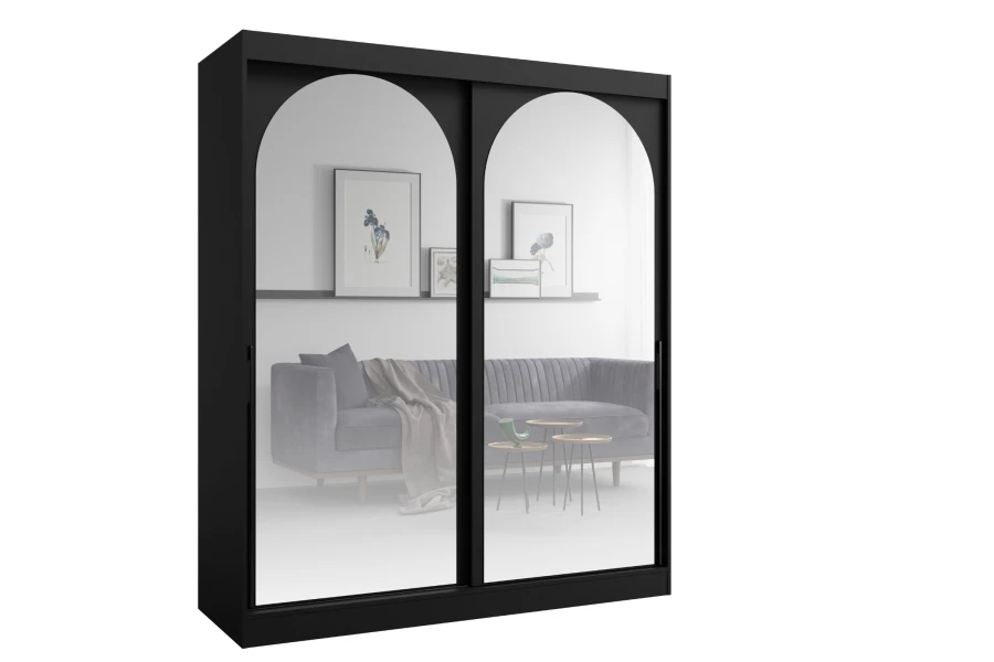 Moderner Schwebetürenschrank in Schwarz mit zwei großen Spiegeln in Bogenform.