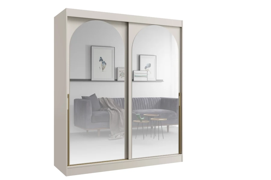 Beiger Kleiderschrank mit Bogenspiegel-Schiebetüren und goldenen Griffen.