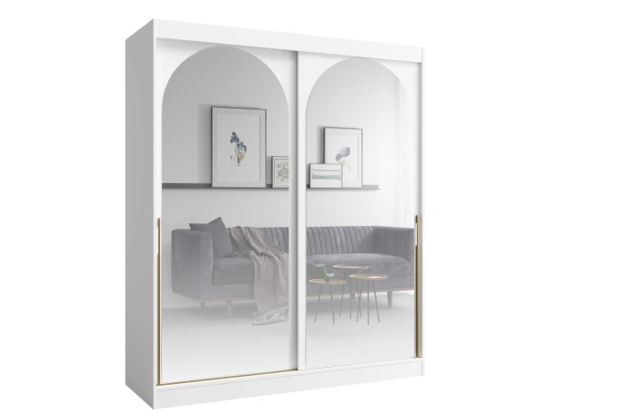 Weißer Kleiderschrank mit Bogenspiegeln, Schiebetüren und Goldgriffen.