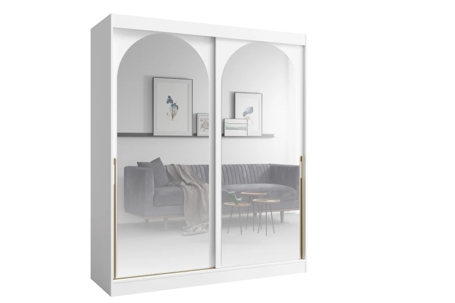 Weißer Kleiderschrank mit Bogenspiegeln, Schiebetüren und Goldgriffen.
