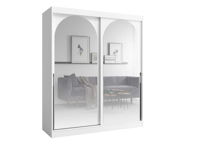 Weißer Schiebetürenschrank mit zwei großen Bogenspiegeln und schwarzen Griffen.