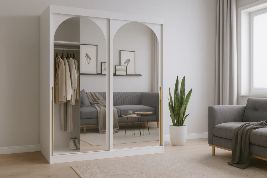 Weißer Kleiderschrank mit Bogenspiegeln im Wohnraum, eine Tür offen zeigt hängende Kleidung.