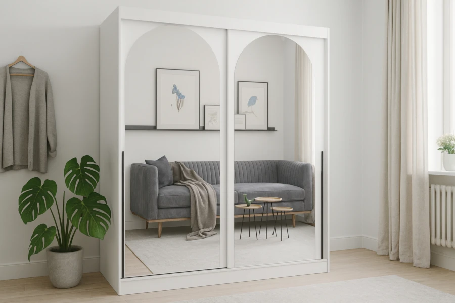 Moderner weißer Kleiderschrank mit zwei großen Bogenspiegel-Schiebetüren in hellem Wohnambiente.