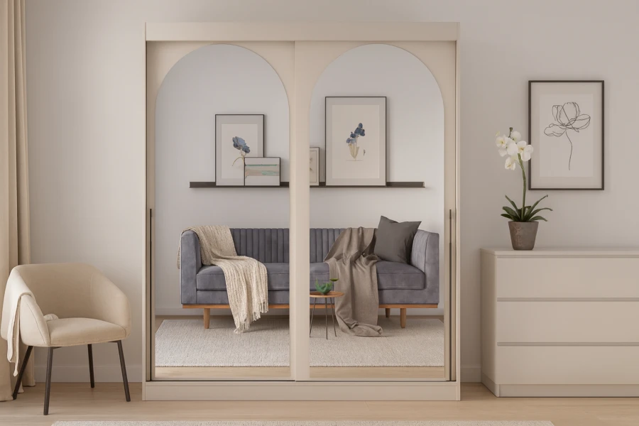Cremefarbener Kleiderschrank mit runden Bogenspiegeln, ideal für ein minimalistisches Schlafzimmer-Design.