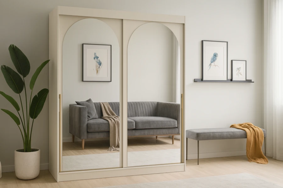 Beiger Schiebetürenschrank mit dekorativen Bogenspiegeln in einem hellen, modern eingerichteten Raum.