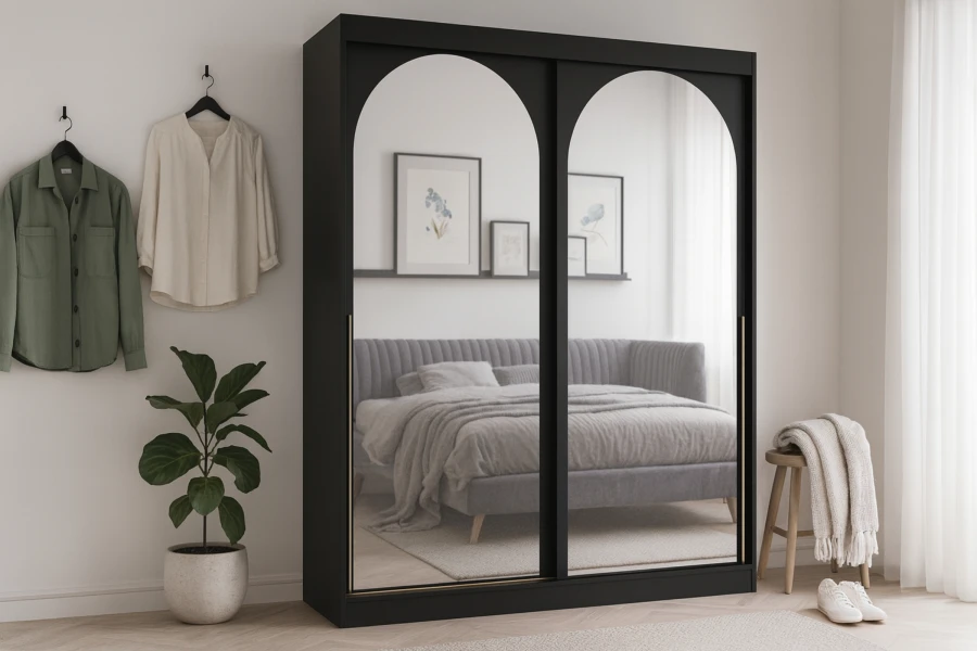 Moderner schwarzer Schrank mit großen Bogenspiegeln und Schiebetüren in einem minimalistischen Schlafzimmer.