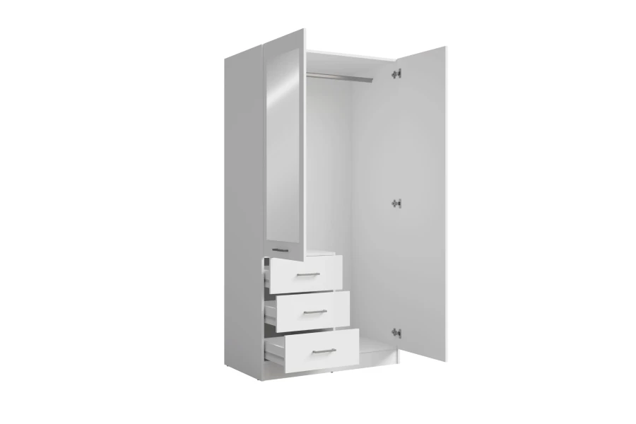 Offener Kleiderschrank in Weiß mit Spiegel, Kleiderstange und drei Schubladen auf weißem Hintergrund.