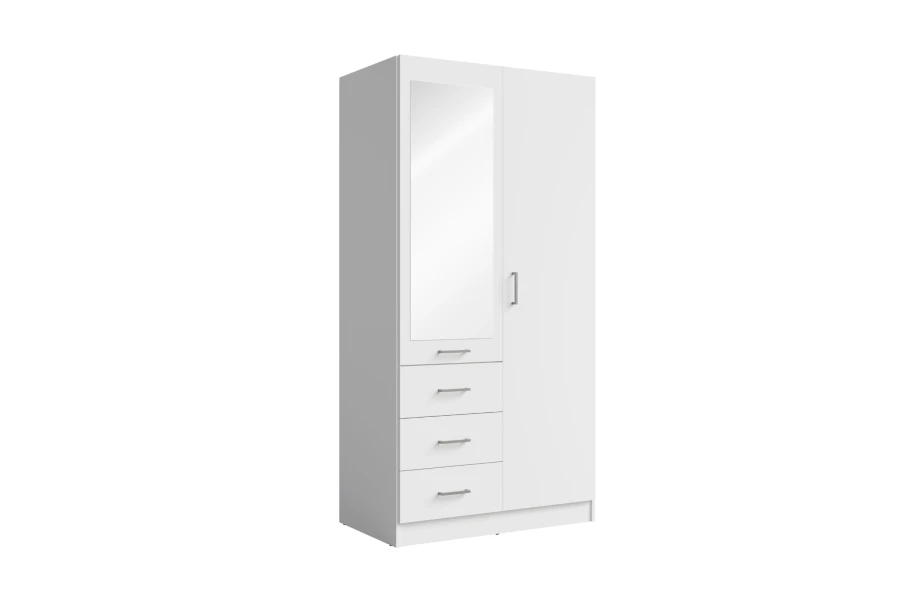 Weißer Kleiderschrank mit Spiegeltür und drei Schubladen in der Schrägansicht, modernes Design.