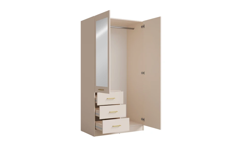 Beiger Kleiderschrank mit offenem Spiegelteil und drei ausgezogenen Schubladen.