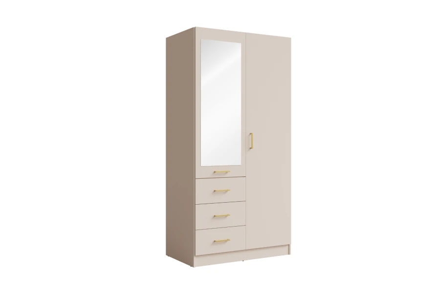 Eleganter beiger Kleiderschrank mit Spiegel und goldfarbenen Griffen, freistehend.