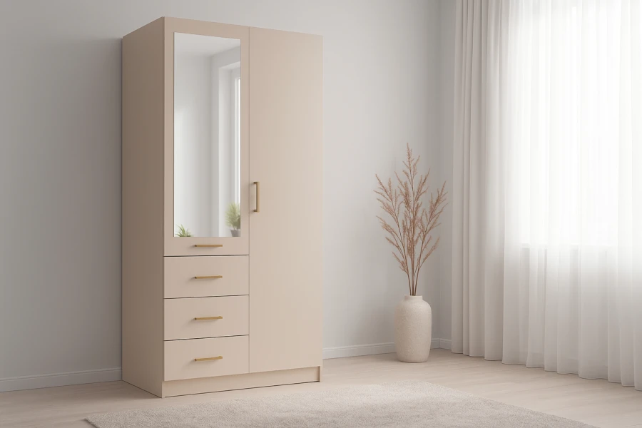 Moderner Kleiderschrank in Beige mit Spiegel in einem hellen Schlafzimmer-Ambiente.