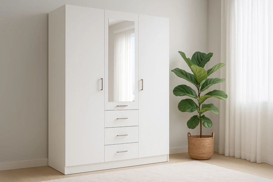 Weißer Kleiderschrank mit Spiegel und drei Schubladen in einem hellen Schlafzimmer neben einer Pflanze.