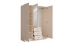 Beiger Kleiderschrank mit 3 Türen, Spiegel & 3 Schubladen, offene Ansicht mit Einteilung & Kleiderstange.