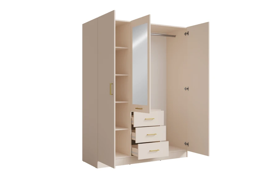 Beiger Kleiderschrank mit 3 Türen, Spiegel & 3 Schubladen, offene Ansicht mit Einteilung & Kleiderstange.