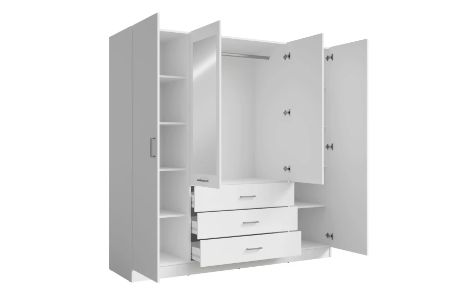 Weißer Kleiderschrank geöffnet: Ansicht von Regalfächern, Kleiderstange und ausgezogenen Schubladen.