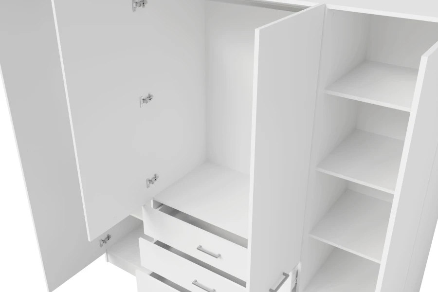Detailansicht Kleiderschrank innen: weiße Regalfächer und geöffnete Schubladen.