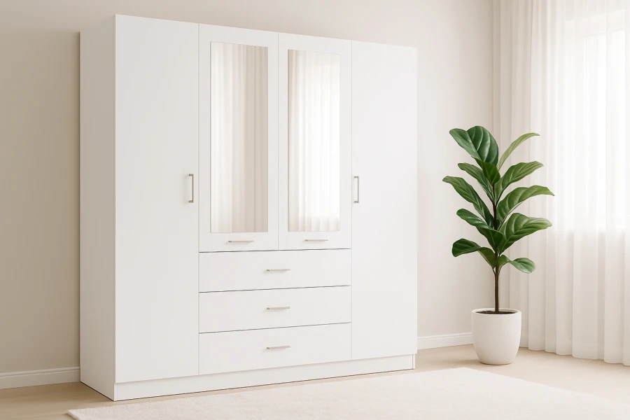 Moderner weißer Kleiderschrank mit 4 Türen, 2 Spiegeln und 3 Schubfächern.