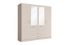 Beiger 4-türiger Kleiderschrank mit Spiegeltüren und eleganten Goldgriffen.