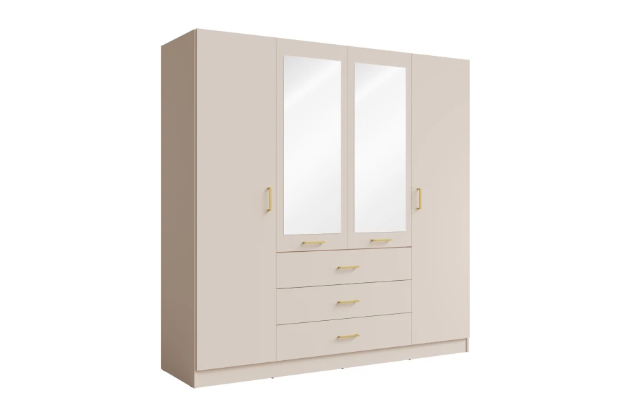 Eleganter Kleiderschrank in Beige mit 4 Türen, 2 Spiegeln und goldfarbenen Griffen.