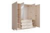 Beiger Kleiderschrank offen: Stauraum mit Kleiderstange, Fächern und Schubladen.