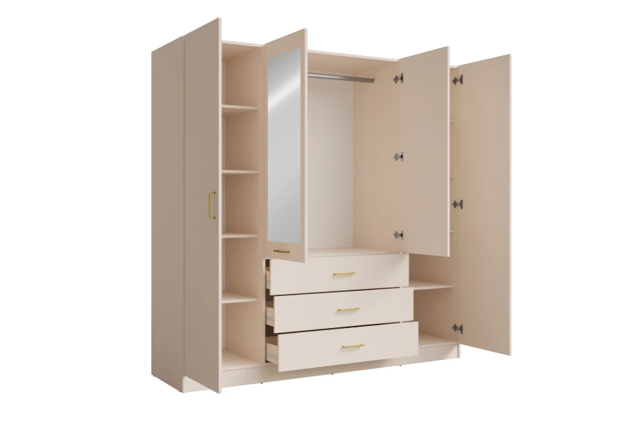 Beiger Kleiderschrank offen: Stauraum mit Kleiderstange, Fächern und Schubladen.