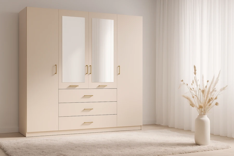 Moderner beiger Kleiderschrank mit zwei Spiegeltüren und goldenen Griffen im Schlafzimmer.