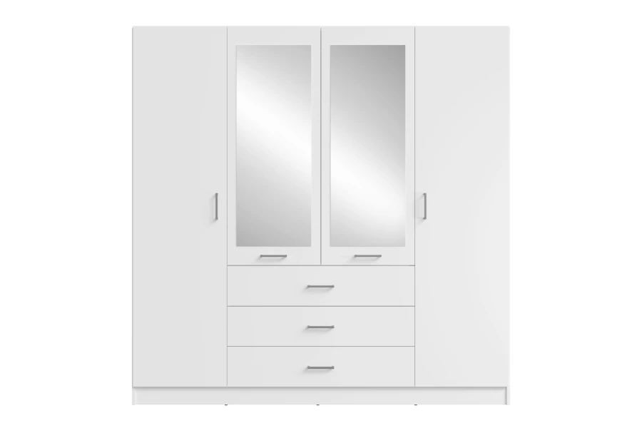 Weißer Kleiderschrank mit zwei Spiegeltüren und drei praktischen Schubladen in der Mitte.